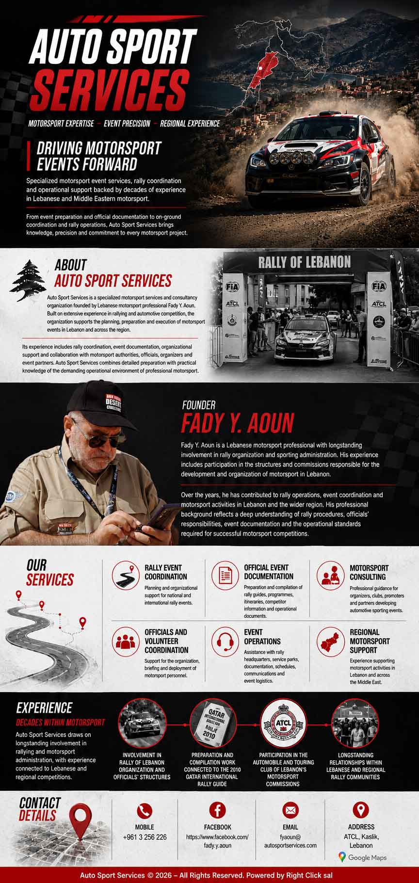 Auto Sport Services - Rally Event Coordination, Official Event Documentation, Motorsport Consulting, Officials and Volunteer Coordination, Event Operations and Regional Motorsport Support in Lebanon and the Middle East, founded by Fady Y. Aoun
